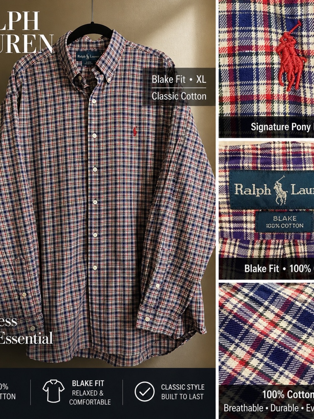 Ralph Lauren Blake Fit Plaid Button Down Shirt XL – Classic Cotton